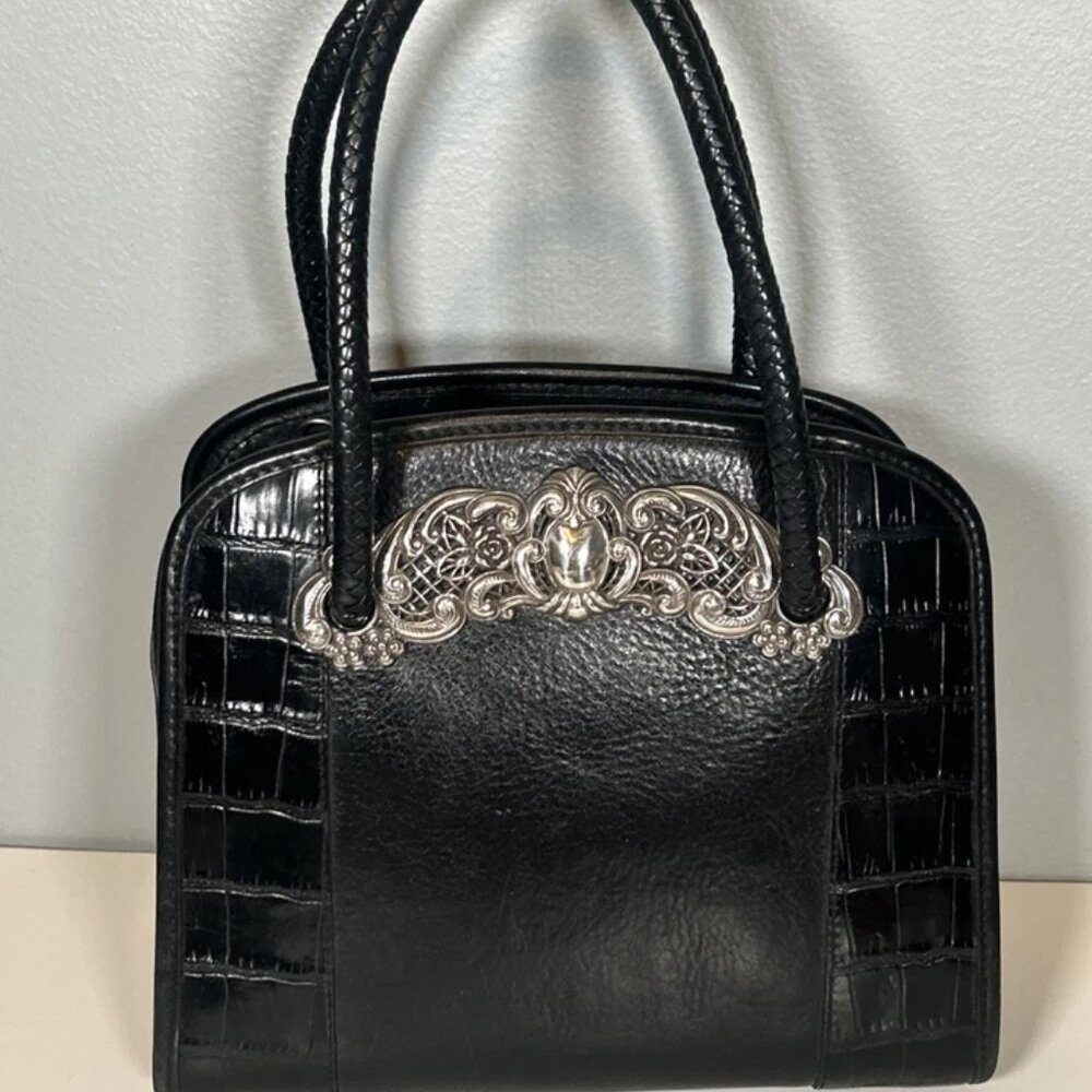 Brighton Womens Chantilly Black Croc Embossed Leather Double Handle Satchel Bag